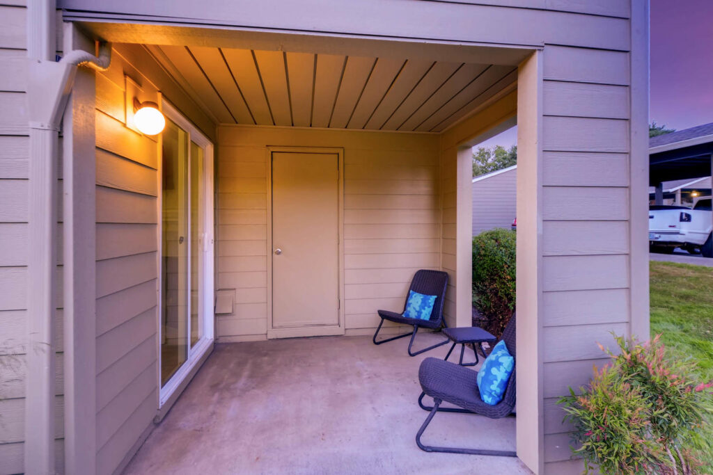 Private patio with outdoor storage closet