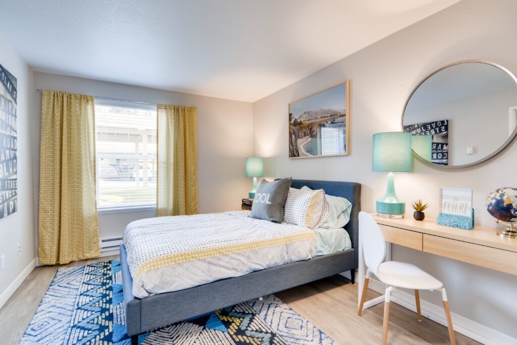staged bedroom with large window