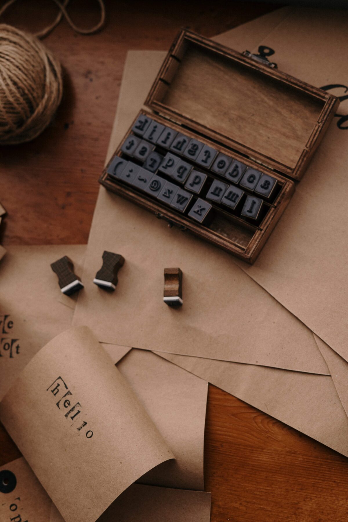 A box of letter stamps on a desk, the word Hello is stamped on a piece of paper