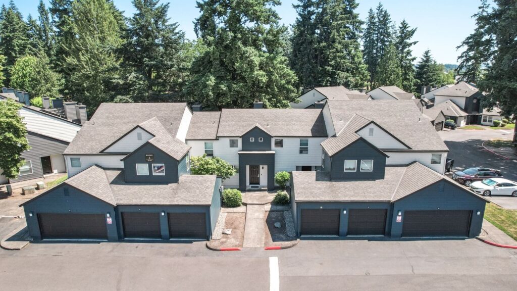 exterior view of parking garages attached to townhomes